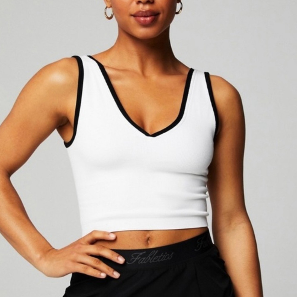 Fabletics V-Neck Ribbed Crop Tank | Size M | White with Black Trim